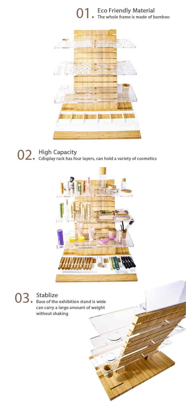 Luxury Wooden Bamboo Table Counter Top Cosmetics Store Essential Oil Foire Boutique Large Display Show Stand Makeup